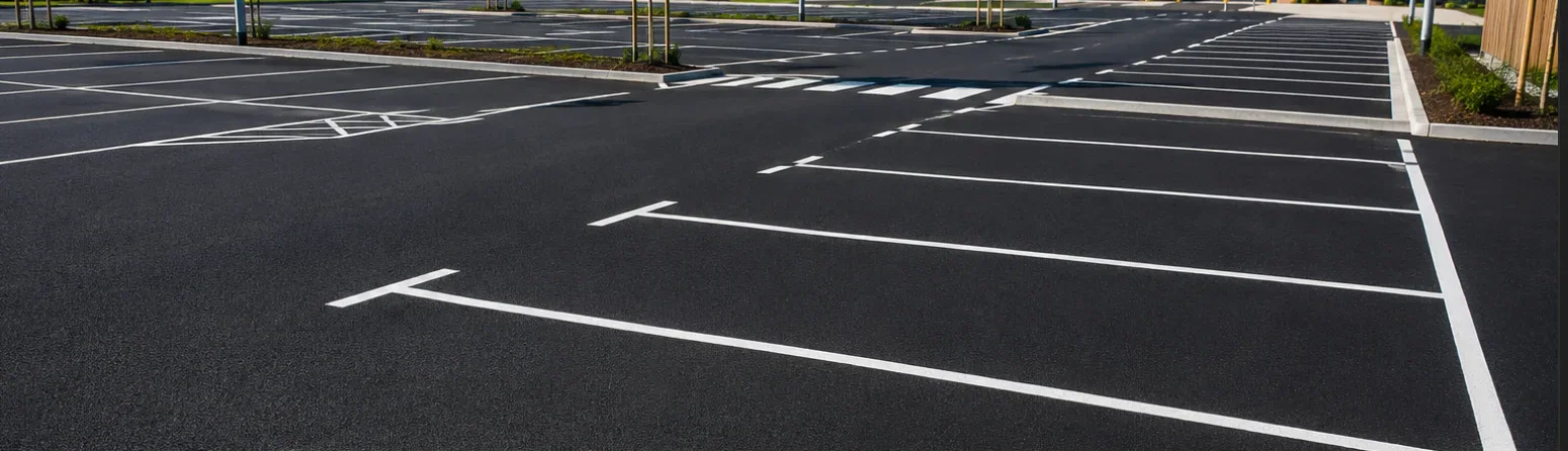 Svježe iscrtano parkiralište s preciznim bijelim linijama parkirnih mjesta, izvedba Signalizacija Magovnik
